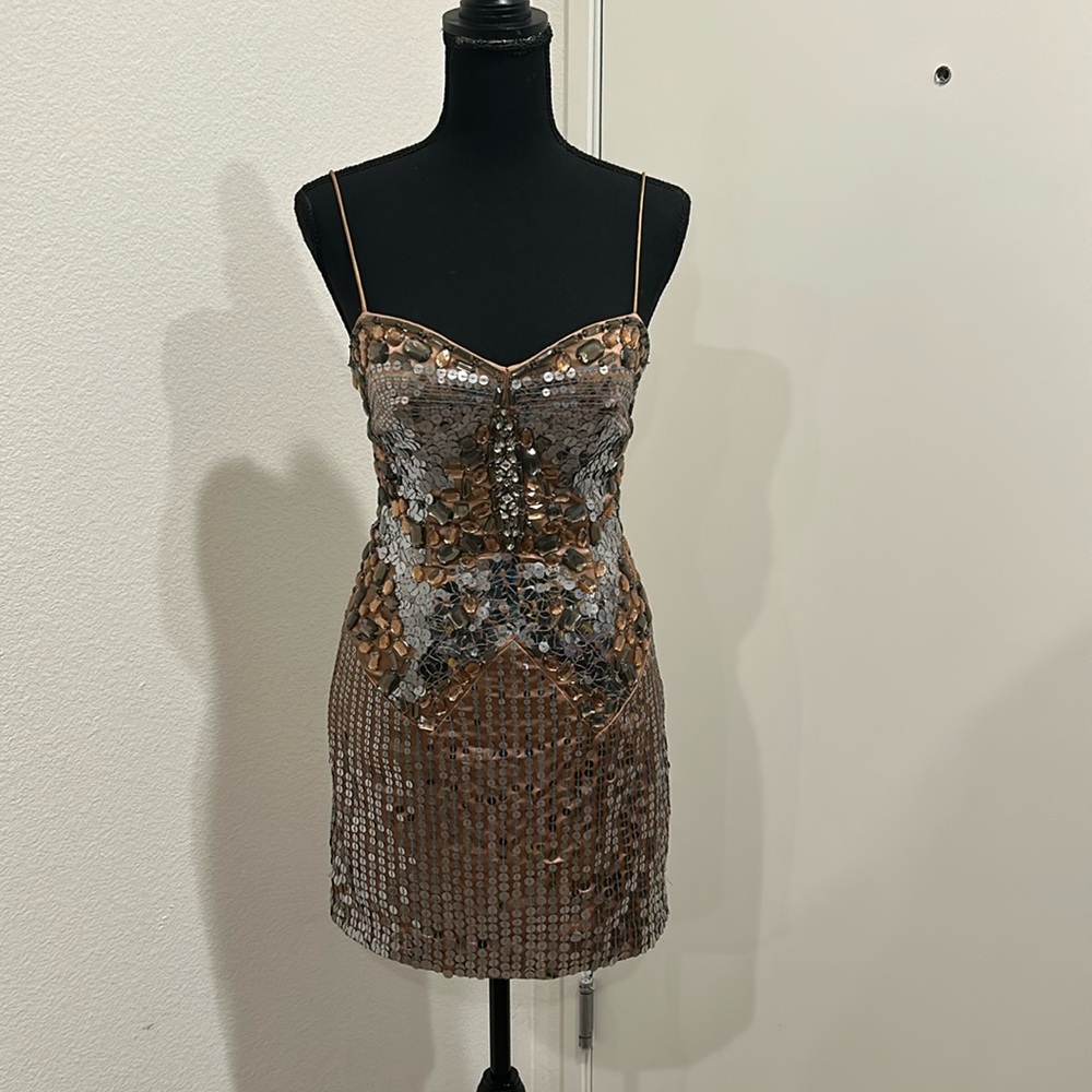 Jovani Sequin Mini Dress in Silver and Brown